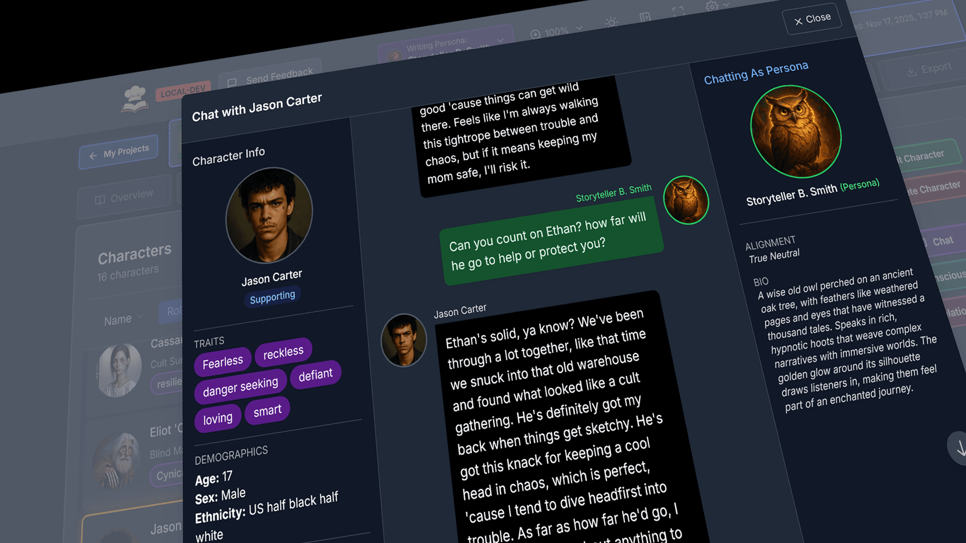 Character chat interface showing conversation with character